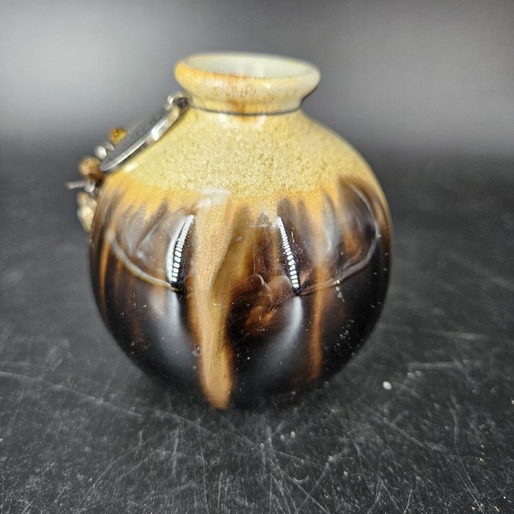 Ceramic Bud Vase Drip Glaze Brown Black Tan Mini Round Serenity Charm Incense 3" - Picture 4 of 10